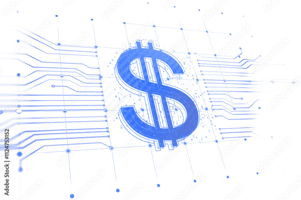 Poster blue dollar sign surrounded by digital circuitry lines, glowing neon style on white background, repr