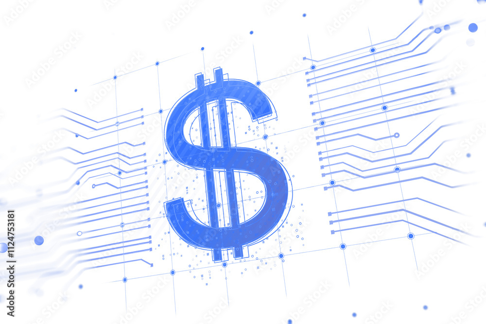 Poster Blue dollar sign with digital circuit lines, holographic style on isolated white background. Concept of virtual currency and technology. 3D Rendering.