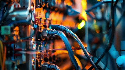 Close up of a complex electronic device with a multitude of wires and components, showcasing innovative manufacturing techniques and advanced technology