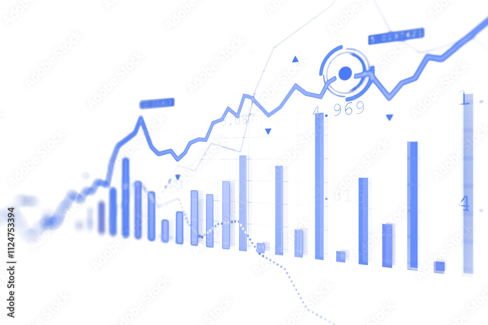 Aufkleber 3D rendering of blue financial line graphs and bar charts on a white background, representing data analysis and virtual financial concepts