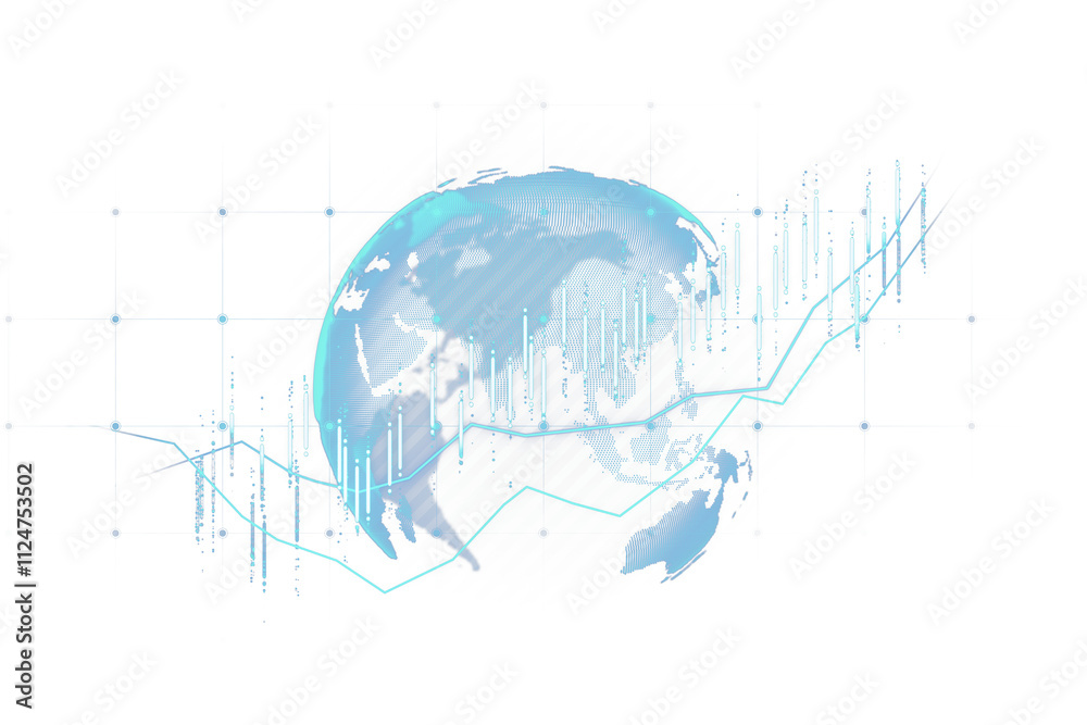 Poster Futuristic globe design with holographic data lines and bar charts in neon blue style, isolated on a white background. Concept of technology. 3D Rendering.
