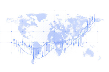 Financial candlestick chart on a semi-transparent world map, blue neon graphic style, isolated on a white background, concept of trading. 3D Rendering.