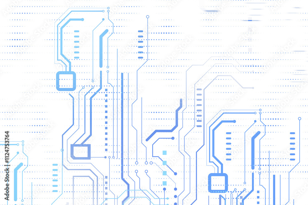 Poster Abstract blue circuit lines isolated on white background, clean digital style, tech-focused design concept with virtual layout elements. 3D Rendering.