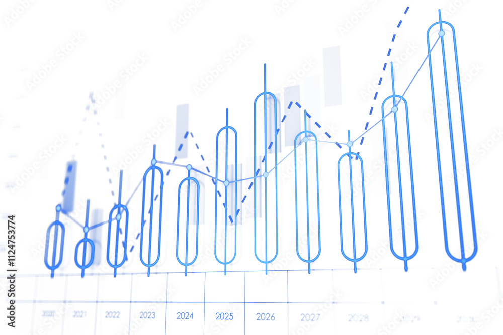 Canvas Prints Blue candlestick and dashed line graphs on a white background, with futuristic digital elements, showing market trends and analysis. 3D Rendering.