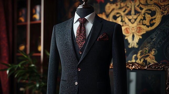 A man in a black suit and red tie stands in front of a gold frame