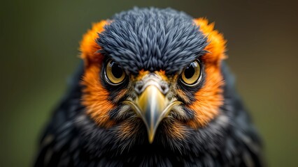Fototapeta premium Close-up of a Bird With Striking Orange and Black Feathers, Showcasing Its Intense Gaze and Intricate Plumage Details