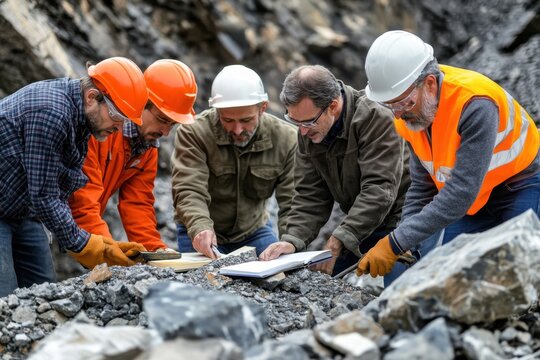 Geologists analyzing rock samples in a mine outdoor quarry setting scientific research activity collaborative environment close-up viewpoint earth science concept