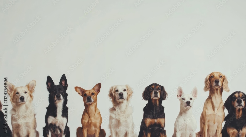 Fototapete a collection of dogs, showcasing various breeds and sizes, sits together calmly against a plain back