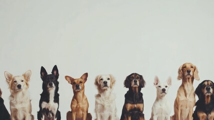 A collection of dogs, showcasing various breeds and sizes, sits together calmly against a plain background, creating a charming atmosphere. Generative AI