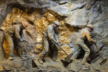 Miners collaborating to extract gold underground mine industrial activity rocky environment close-up viewpoint teamwork concept in mining operations