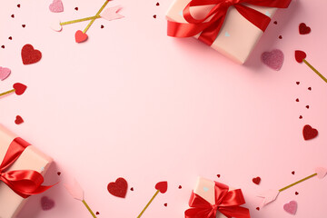 Happy Valentines Day banner design. Flat lay pink gift boxes wrapped in red ribbons, surrounded by glittery hearts, arrows, and small heart confetti on a pink background. Love, romance concept.