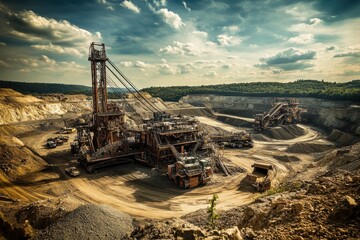 Fototapeta premium Modern mining operation enhancing efficiency with heavy machinery remote quarry industrial landscape aerial view sustainable resource extraction in nature