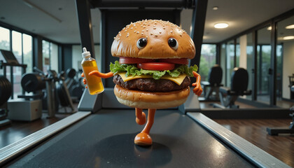 Animated cartoon burger character exercising on a treadmill in a gym