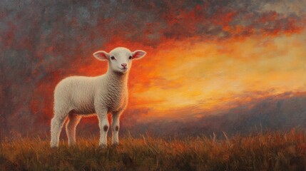 A lone white lamb against a dramatic sunset backdrop, standing on soft grass, evoking peace and simplicity.