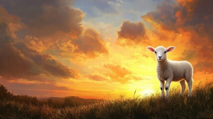 Fototapeta premium A lone white lamb against a dramatic sunset backdrop, standing on soft grass, evoking peace and simplicity.