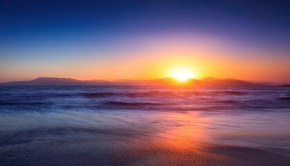 Obraz premium Sunset Symphony: Vibrant ocean sunset with dramatic clouds and waves. Serene beach landscape. 