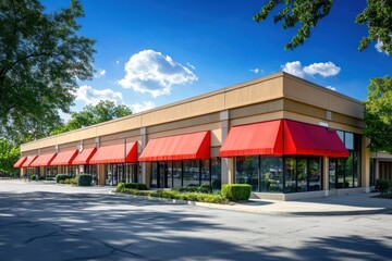 Naklejka premium Commercial building strip mall red awnings modern architecture corner lot