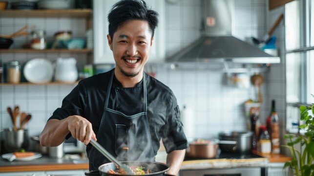 A young man in a kitchen. wearing a white t-shirt and apron holding a stainless steel pot with a clean and modern kitchen in the background.