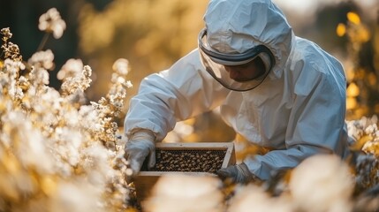 A beekeeper in protective gear inspecting a beehive surrounded by flowering plants golden sunlight illuminating the scene