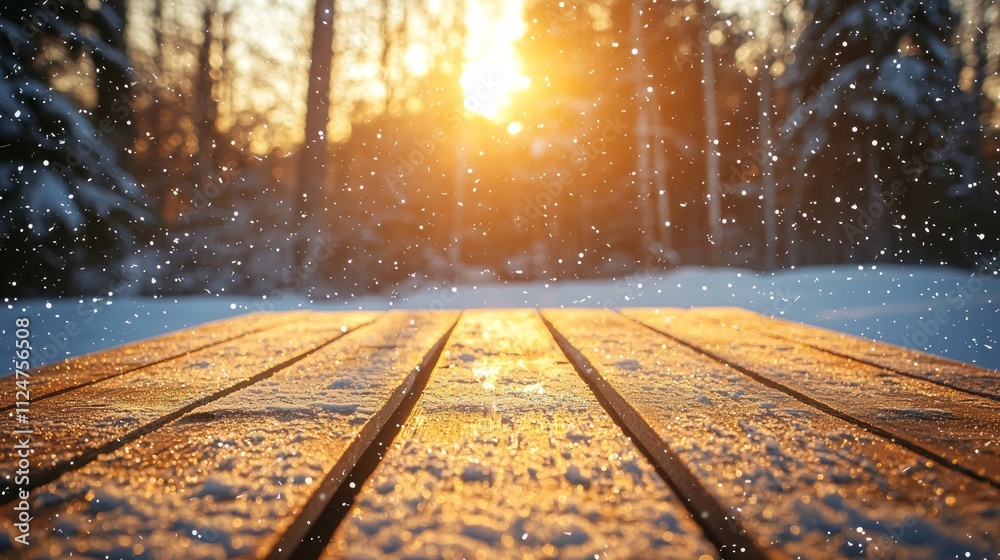 Poster a rustic wooden table catches the warm glow of the setting sun while delicate snowflakes softly drif