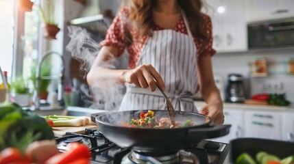 A woman is cooking in a kitchen wearing a striped apron and stirring a wok with a spoon.