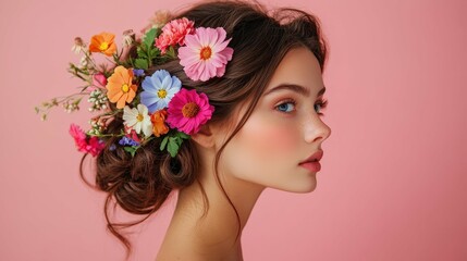 profile of a woman with colorful flowers in her hair pink background artistic studio lighting with soft shadows