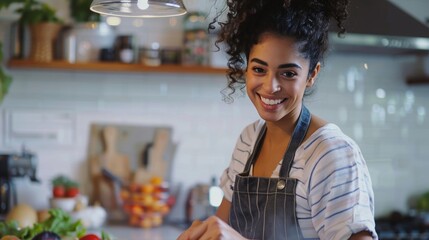 A young woman with dark curly hair and a striped shirt is cooking in a kitchen wearing an apron and smiling at the camera.