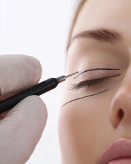 Beautician Marking Surgical Lines for Blepharoplasty a White Studio Setting