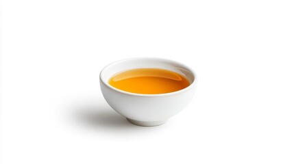 A White Ceramic Bowl Filled with Golden Yellow Tea Liquid on a Plain Background Perfect for Promoting Wellness and Relaxation in Various Settings