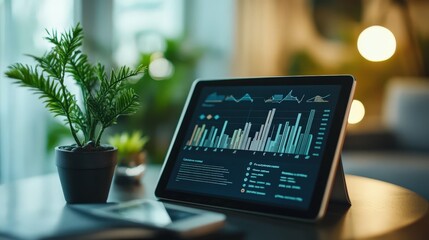 Tablet displaying eco-planning graphs and digital illustrations professional modern environment with soft artificial lighting