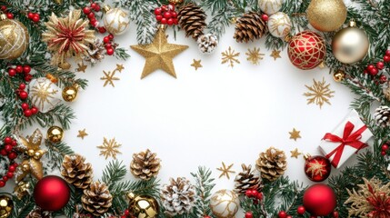 Festive joy: vertical top view of golden stars, glimmering baubles, gifts, snowflakes, pinecones, and fir twigs on a white background, with space for your greeting
