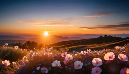 Golden Hour Meadow: Serene sunset over rolling hills, wildflowers bathed in the warm glow of the setting sun. A breathtaking landscape photograph, perfect for travel, nature, and serenity themes. 