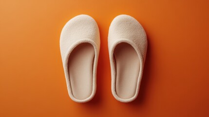Fototapeta premium A pair of soft beige slippers arranged neatly on an orange background, captured from above with a clean aesthetic.