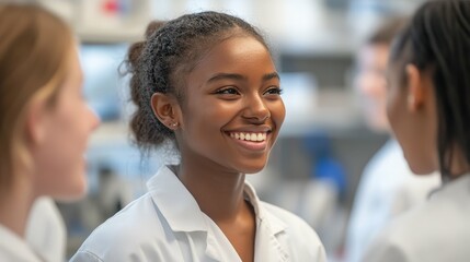 diverse team of scientists in a high-tech lab discussing research results with excitement and determination