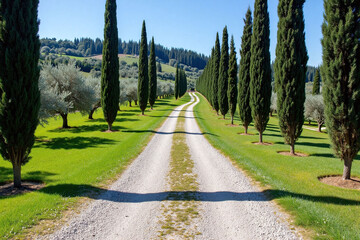 Italian countryside winding gravel path cypress trees olive trees