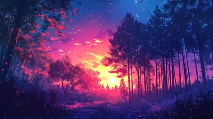 Obraz premium a wonderful and peaceful dusk scene of a forest, anime manga art, technology
