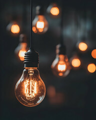 A single glowing lightbulb illuminating a dark space filled with unlit bulbs, symbolizing creative thinking and problem-solving innovation