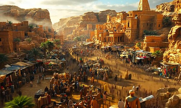A bustling ancient market in a desert landscape with people and buildings.