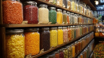 Glass jars of grains, beans, and pasta showcasing food variety on shelves