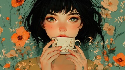 Charming anime illustration of a cheerful girl sipping tea, surrounded by vibrant colors and whimsical details
