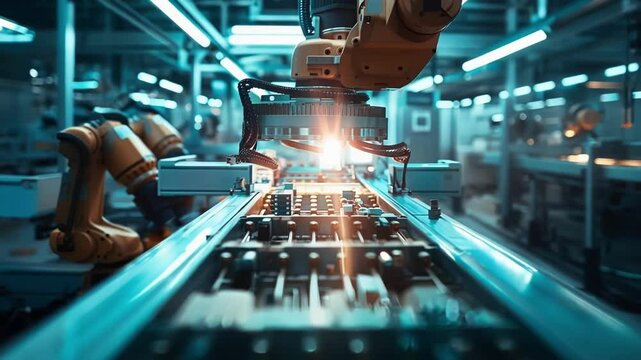 Robotic arm is placing a component on a circuit board in a factory. The arm is moving quickly and precisely, and the factory is brightly lit and clean