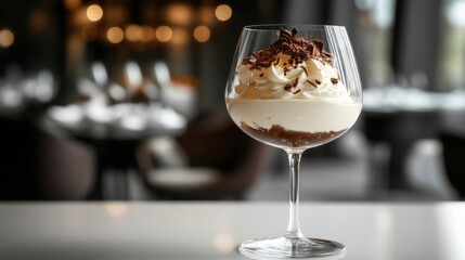 Glass dessert topped with whipped cream and chocolate shavings displayed in an elegant minimalistic setting perfect for gourmet inspiration
