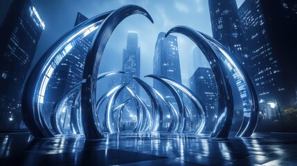 Modern City Square with Artistic Digital Sculptures