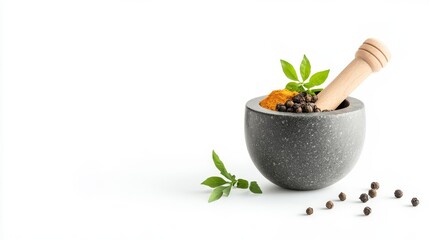 Rustic mortar and pestle with fresh spices including black pepper and turmeric on a clean white background for culinary and health-related concepts