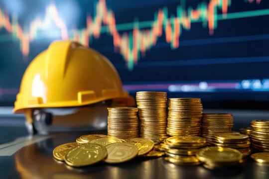 Gold coins construction helmet stock market charts financial growth economic concept