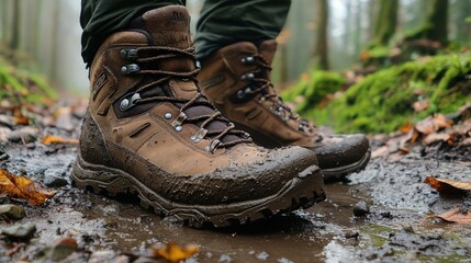 A close-up of a pair of hiking boots on a muddy trail surrounded by fallen leaves and small pebbles under overcast lighting