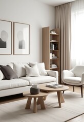 Fototapeta premium Cozy and Chic Minimalist Living Room with White Sofa, Wooden Coffee Tables, and Soft Textures - Ideal for Relaxation