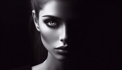 Fototapeta premium Photorealistic chiaroscuro portrait of a mysterious woman with a piercing gaze that looks straight into the soul of the viewer, high contrast lighting