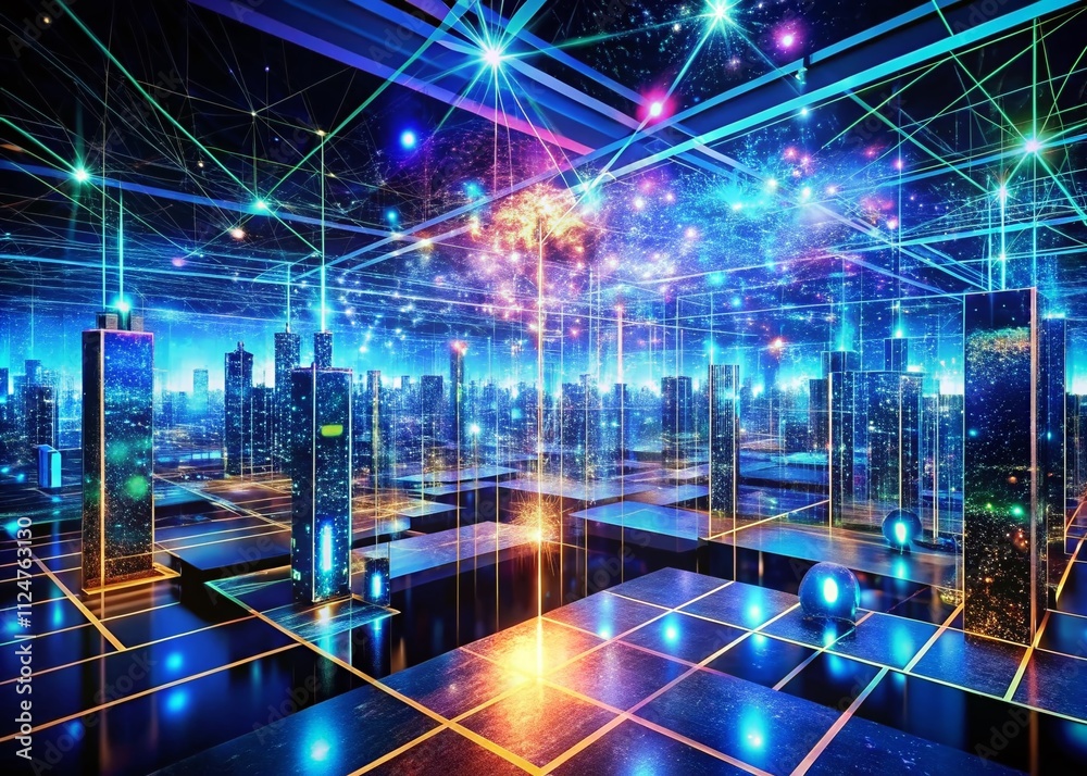 Poster a vibrant futuristic hub for data exchange in a luminous cyber environment with dynamic light displa