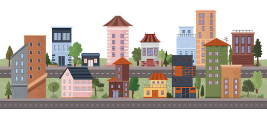 Panorama of modern city. Cityscape with municipal buildings, townhouse, cottage, apartments, park, trees, road. Horizontal urban landscape. Flat vector Illustration of town view on white background.